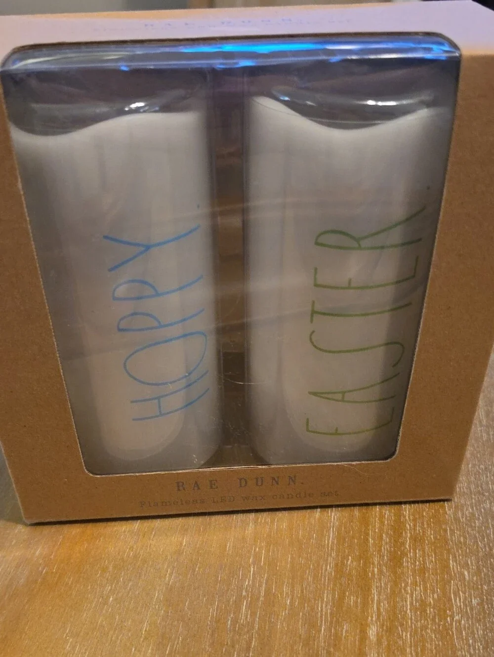 Rae Dunn White LED Candle Set with Blue and Green Lettering
